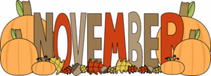 clip art word November in brown and red letters surrounded by pumpkins and fall leaves