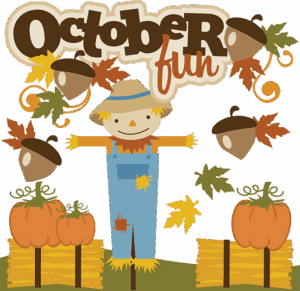 scarecrow with haybales and pumpkins. the words October fun
