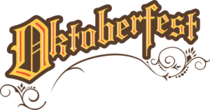 brown,yellow and red lettering spelling Octoberfest with swirls underneath