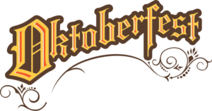 wite background sign with the word Oktoberfest in middle age block letters of yellow and brown a brown fillagree is inder the word