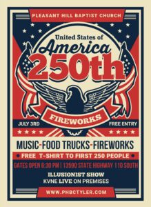 poster in red,white and blue with a patriotic theme with all the details mentioned in the text of tthe blog