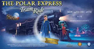 Banner advertising The Polar Express Train Ride has a Train engin in the background and a young man in his pajamas in front of it 