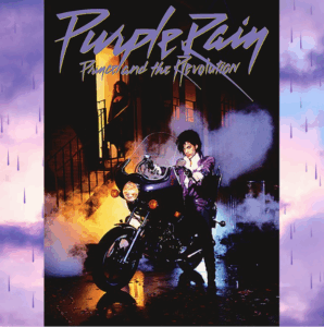 at the top of this poster says Purple Rain Prince and the revolution there is an image pf a person who resembles Prince on a Motorcycle