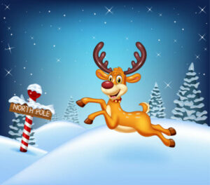 Illustration of Cartoon Christmas background with deer running in the winter time