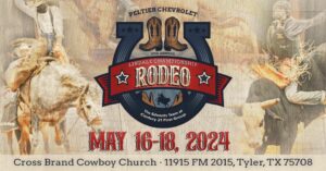 Poster for a Rodeo. There are images of cowboys on horsebacvk and bull riding on each side of a clip art large horseshoe. There is a pair of brown cowboy boots above a red banner that says Rodeo on it. Below the horse shoe is the the dates May-16-18, 2024 in red lettering.