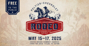 brown rectangualr sign in top left says Free to the public. in the middle is a cowboy on a horse under that says RODEO on a red background under that May 15-17., 2025 Crossbrand Cowboy Church