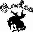 balck and white clip art-man riding a bronco with the words RODEO in rope style