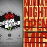 Logo for Rose City Comedy six sided sign in black with the sords on it-a red plume at the top-to the side is a brown background with words in red that says Monday Night Open Mic