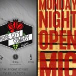 logo says Rose City Comedy in black and white to the right are the words in red Monday Night Open Mic