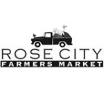 logo for Rose City farmers market & black and white. an old black truck with produce in the back. under that are the word Rose City in black letter. under that Farmers Market in white letters on a black background