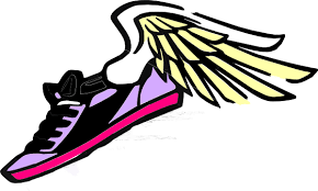 Purple and back running shoe with a red sole-on the back are attached wings yellow and white
