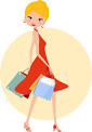 clip art of blond women in a red dress and shoes holding two shopping bags