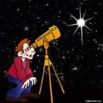 redheaded boy with red shirt looking through a telescope at a star