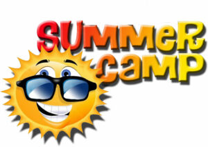 clip art of the yellow sun with a face wearing sunglasses the words Summer Camp in red, orange and yellow