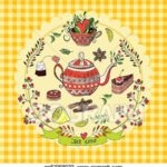 Yellow checkered background. In the middle in a circle is a red teapot and around the teapot are various crumpets to eat.