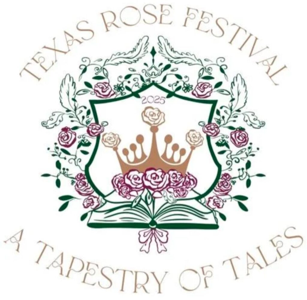 poster for the Texas Rose Festival Tapestry of Tales clip art of a crown surrounded by roses and leaves