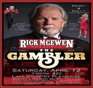 Poster of an image of Rick McEwen, who is a Kenny Rogers tribute artist, for a show called the Gambler