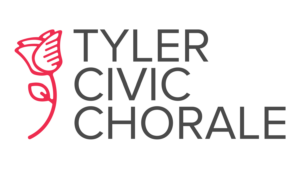 Logo for Tyler Civic Choral with white background and Black writing. A single red rose is to the left of the wording.
