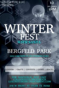 Poster for WinterFest ing Bergfeld Park Dec 10 the background is grey with snowflakes